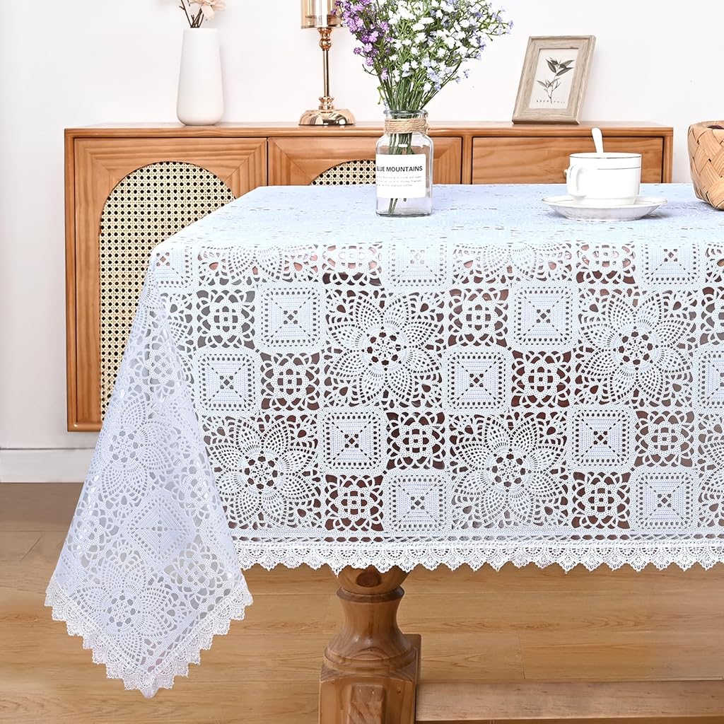 HASTHIP® Lace Dining Table Cover Cloth - 55 x 78 inch Floral Print Waterproof and Dustproof Wipeable Table Protector for 4 to 6 Seater for Kitchen and Dining Room - White HASTHIP® Lace Dining Table Cover Cloth - 55 x 78 inch Floral Print Waterproof and Dustproof Wipeable Table Protector for 4 to 6 Seater for Kitchen and Dining Room - White